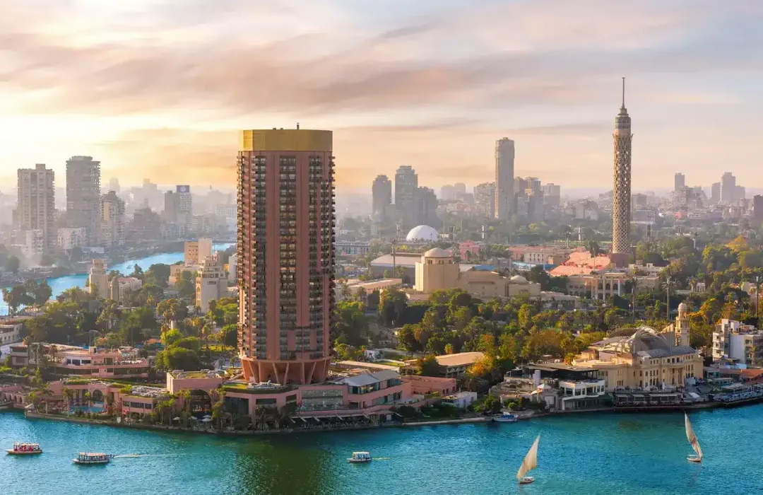A view of Cairo Tower and downtown Cairo along the Nile River in Egypt
